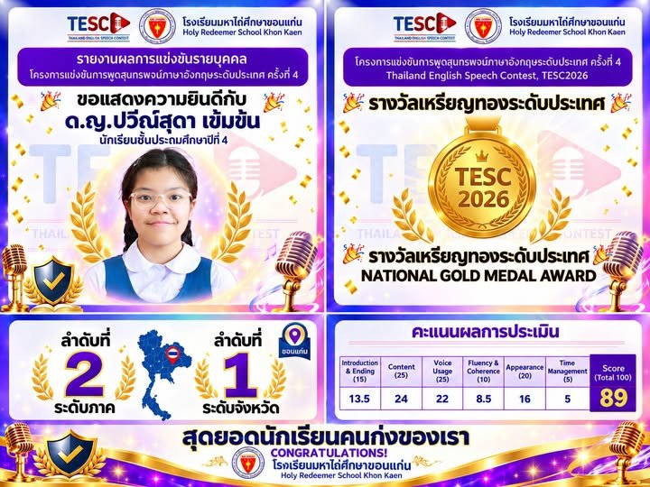 แสดงความยินดี เด็กหญิงปวีณ์สุดา เข้มขัน อันดับ 1 จังหวัดขอนแก่น  อันดับ 2 ระดับภาค การแข่งขันพูดสุนทรพจน์ภาษาอังกฤษระดับประเทศ ครั้งที่ 4 Thailand English Speech Contest (TESC 2026)