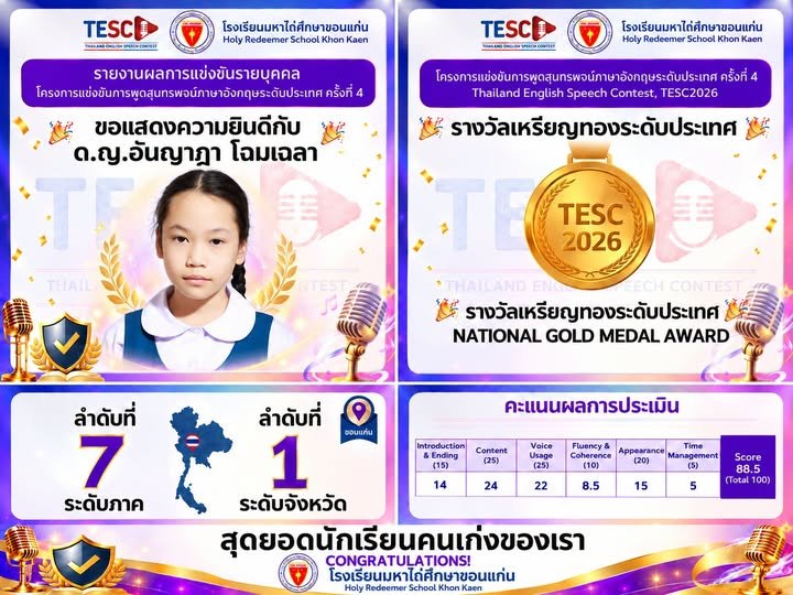 แสดงความยินดีกับ เด็กหญิงอันญาฎา โฉมเฉลา  การพูดสุนทรพจน์ภาษาอังกฤษระดับประเทศ ครั้งที่ 4 อันดับ 1 ของจังหวัดขอนแก่น